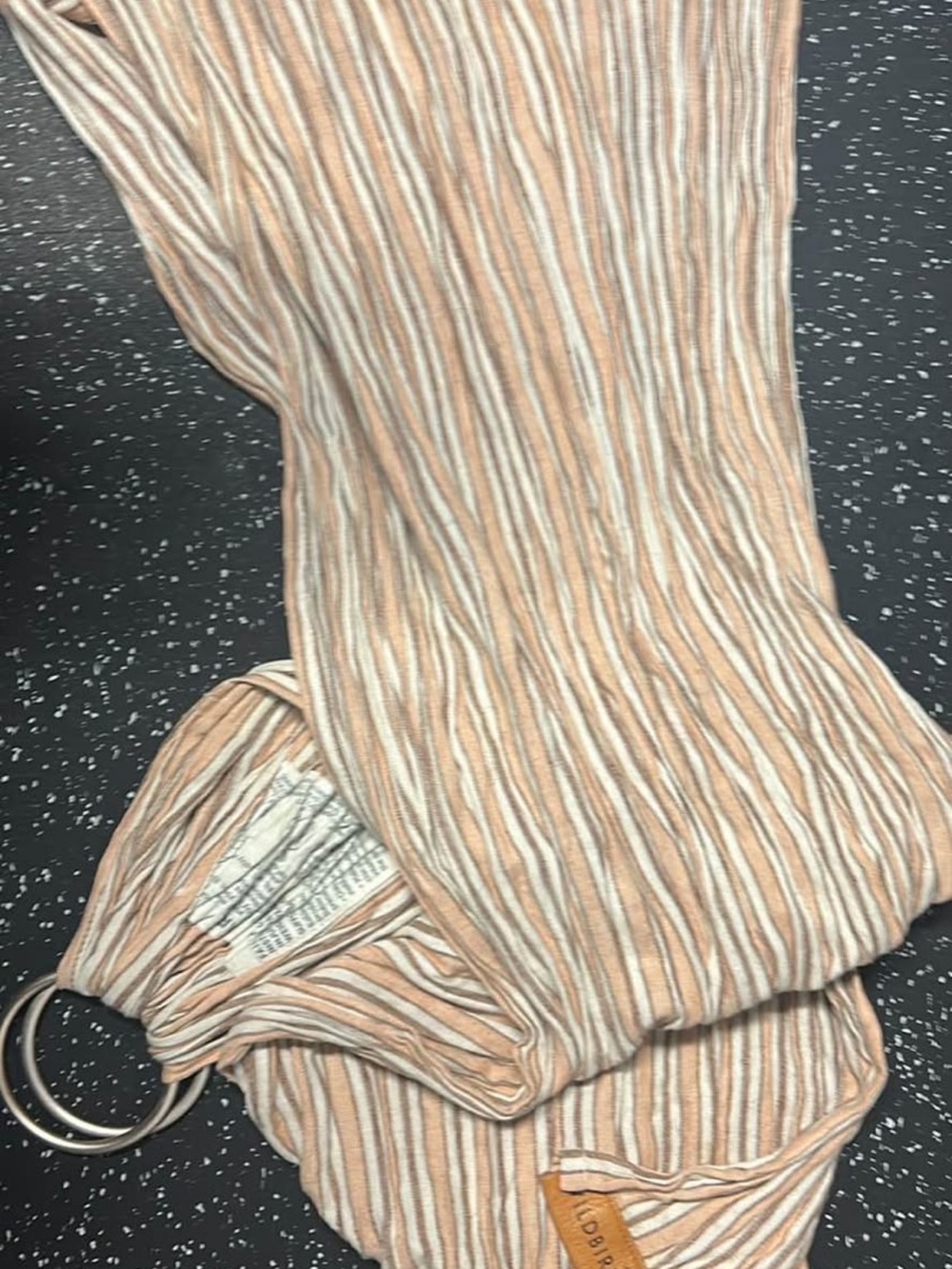 WildBird Striped Baby Ring Sling in Peach and White with rose gold ring